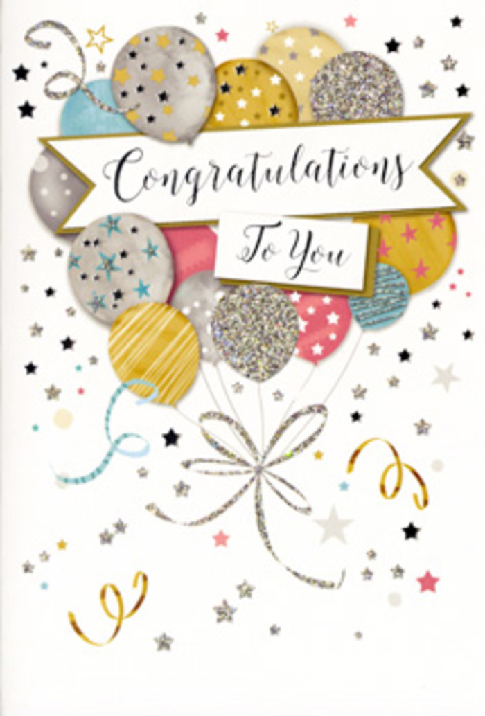 The card in the image presents a refined celebration scene, as if a joyful moment has been captured and preserved in paper and ink. Centred on a soft, neutral background, a cluster of balloons floats upward in a loose, natural formation. Their rounded shapes glow in gentle hues of metallic gold, silver, champagne, pastel blue, blush pink, and powdery grey, each one finished with carefully drawn patterns that resemble tiny stars, glinting glitter, or delicate stripes. These details give the balloons a sense of depth and dimension, almost like a three-dimensional arrangement you might see decorating a party in St Paul's Cray. Slim strings in shades of gold and silver fall from each balloon and gather in a playful, sparkling knot near the lower third of the card, evoking the neat ribbon work of a florist tying off a celebratory hand-tied bouquet. A banner arcs gracefully across the centre, carrying the phrase "Congratulations To You" in flowing cursive script, the lettering slightly embellished with light-catching accents that add a touch of luxury. Around this central motif, the background is scattered with star shapes, swirling lines, and confetti-like dots in soft metallic tones, suggesting the carefree energy of a surprise announcement or family gathering near the local green spaces and residential streets of St Paul's Cray. The entire composition feels airy yet meaningful, perfect for pairing with a bouquet or arrangement delivered locally to mark achievements like new jobs, exam results, or personal milestones, while maintaining a timeless, polished style.