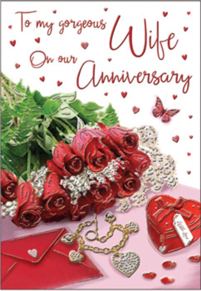 In this richly emotive anniversary card design, a bouquet of classic red roses commands the centre, much like a showpiece arrangement on display in a St Paul's Cray florist's window. Each bloom is fully open and luxuriously full, petals overlapping in velvety layers of deep crimson, suggesting both passion and reassurance. The roses are carefully wrapped and nestled among lush green foliage, the leaves catching faint highlights where the light brushes their surfaces, enhancing the sense of natural abundance. Around the bouquet, fine details unfold: a wisp of lace-like patterning along the card's edge, delicate heart motifs scattered like confetti, and a vivid red presentation box that appears to hold cherished jewellery. The jewellery itself glimmers softly, perhaps a pendant or earrings that have marked many anniversaries celebrated in homes from St Mary Cray to St Paul's Cray. The textures in the scene range from the satin-like smoothness of the petals to the gentle sheen of polished metal and the subtle grain of the card stock. Hints of gold and silver tones mingle with romantic reds, creating an atmosphere that feels enveloping and warm, like an embrace. Scripted words arc gracefully across the design, though not fully legible, suggesting loving sentiments rather than demanding attention. The overall mood is unmistakably romantic and nostalgic, evoking those moments when a partner presents roses, a card, and a small gift after a dinner at home. This carefully composed image feels as memorable and heartfelt as the anniversary it is meant to honour in St Paul's Cray.