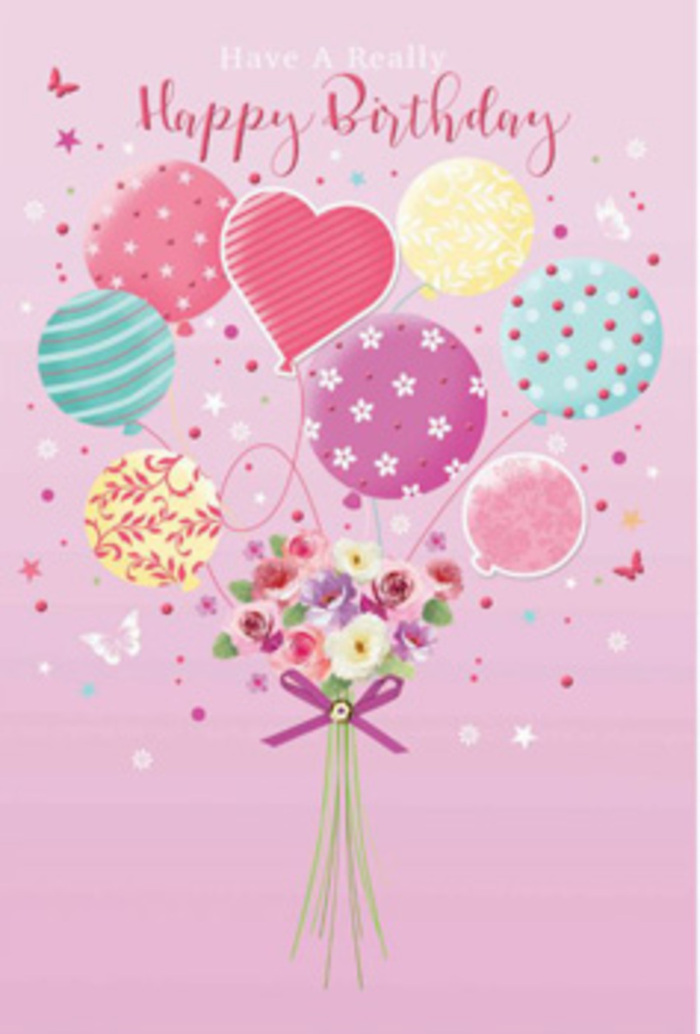 This gentle birthday composition looks as if a pocket of sunshine has floated up from a garden in St Paul's Cray and taken the shape of balloons and blooms. The background washes the scene in soft pink, like the inside of a seashell, providing a calm, cheerful backdrop that lets every colour sing without shouting. From the centre, a bouquet of balloons lifts gracefully upward, as if caught by a light breeze drifting over St Paul's Cray fields. Each balloon is plump and luminous, brushed with pastels of pale lemon, rosy fuchsia, lavender, mint, and shell pink. Patterns play across their shiny surfaces: twirling ribbons curl in spirals, scattered dots bounce across the curves, and delicate floral motifs swirl in whimsical loops. At the point where the slender strings seem to gather, a petite hand-tied bouquet takes root. Soft roses and small, daisy-like blossoms nestle together, their petals shaded from creamy ivory to blush and dusky rose, like flowers kissed by early morning light. You can almost imagine a faint, sweet fragrance, gentle and comforting, the kind of scent that lingers after you've carried a bouquet home from the local high street. A satin purple bow wraps snugly around the stems, its rich violet tone adding a touch of polished elegance and party sparkle. Around the arrangement, tiny butterflies and star-like accents drift, as if suspended in a happy daydream. The whole artwork radiates quiet jubilation, transforming a birthday greeting into a moment that feels thoughtful, personal, and deeply cherished in the heart of St Paul's Cray.
