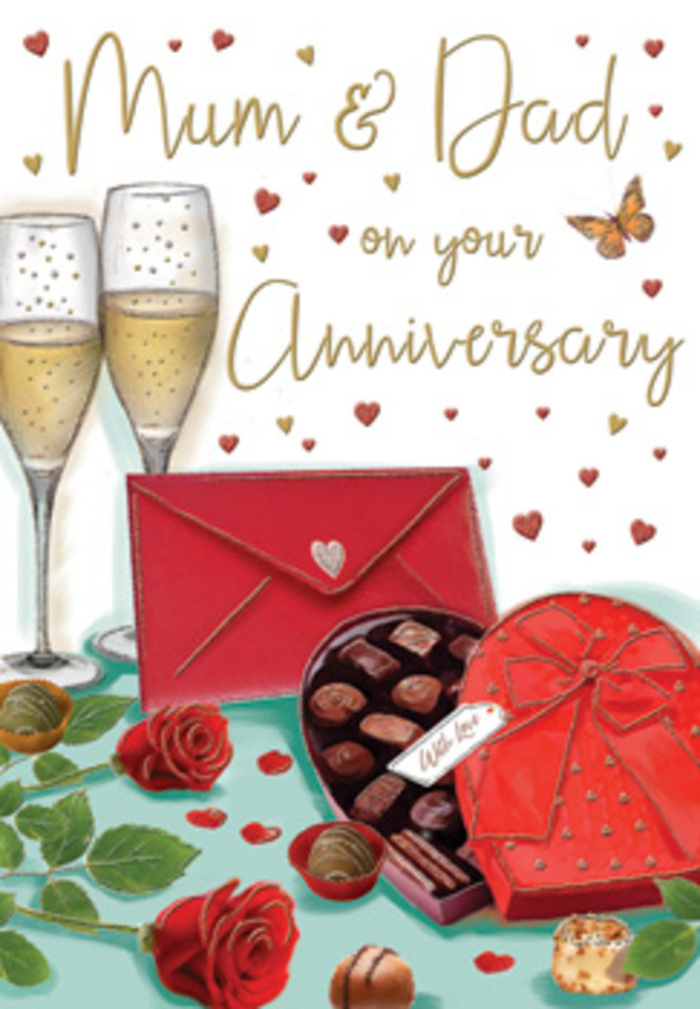 The anniversary card pictured is composed like a romantic still life, with every element carefully arranged to celebrate long-lasting love, much as families in St Paul's Cray honour their own traditions. At the heart of the design, two elegant champagne flutes stand close together, their slender stems casting faint reflections as golden bubbles rise through the sparkling drink. The light glints off the curved glass, giving the impression of an intimate toast at the end of a special dinner. In front of the glasses, an open heart-shaped box of chocolates becomes the focal point of indulgence. The box is a deep, Valentine red, topped with a lush satin bow whose tails curl and fold with realistic texture, as if just untied by a loving hand. Inside, a selection of chocolates is carefully illustrated, each piece distinct in shape and shade, suggesting a mix of dark, milk, and perhaps nut-filled treats. Off to one side rest two striking red roses, their petals plush and layered, with darker crimson shadows adding depth, laid against fresh green leaves that recall a florist's careful eye when selecting stems for same-day anniversary delivery around St Paul's Cray and nearby Orpington. Around this central arrangement, tiny crimson and metallic-gold hearts drift through a warm-toned background, framing hand-lettered words addressing "Mum & Dad" in a friendly, affectionate script. A bright red envelope lies partially tucked beneath the chocolates, neat and inviting, hinting at heartfelt words inside. The entire illustration is bathed in a soft, golden glow, evoking cosy home lighting, the faint scent of roses, the sweetness of chocolate, and the gentle hum of family stories being shared late into the evening.