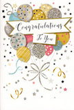 In this image, a beautifully designed congratulations card appears like a small celebration in your hands. At its centre, a cluster of illustrated balloons hovers in mid-air, their smooth, rounded forms painted in soft metallic shades of gold, silver, champagne, baby blue, delicate pink, and light grey. Each balloon is uniquely decorated: some are peppered with tiny twinkling stars, others carry slender stripes or fine dustings of glitter, creating the impression of layered textures you can almost feel. Their shimmering strings of gold and silver trail downward and meet in an elegant, loosely drawn knot, echoing the way ribbons might be tied around a fresh bouquet delivered to a doorstep in St Paul's Cray. A graceful banner stretches across the middle, carrying the heartfelt message "Congratulations To You" in flowing calligraphy, the script edged with a touch of sparkle that catches the light and adds warmth to the sentiment. Around this focal point, the background is alive with small metallic stars, curving ribbon motifs, and gently scattered confetti, suggesting the joyful aftermath of a party by the shops, schools, or quiet roads of the local area. The overall palette stays soft yet festive, balancing sophistication with a clear sense of cheer. This card feels as though it was created to accompany a thoughtful floral arrangement for those proud, once-in-a-while milestones-graduations, new homes, promotions, or any moment when someone in St Paul's Cray deserves to feel truly celebrated and appreciated.