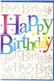 This image shows a joyful birthday card whose front feels as festive as a living room dressed for a party in St Paul's Cray. The central focus is a big, bold Happy Birthday message stretching wide across the card, each letter coloured differently so that the phrase becomes a band of rainbow tones. The colours glide from strong reds and pinks into oceans of blue, fresh grassy greens, and warm golds, blending softly where they meet, like the smooth transition of shades in a well-planned floral display on Main Road. The lettering is clean and modern, with a slight curve to each character, giving it a friendly, upbeat personality. Behind the main words, the background is layered with a repeating line of Happy Birthday to you in delicate golden handwriting, the script looping gracefully like curling ribbon on a wrapped gift. This gold text has a subtle metallic glimmer, catching light in thin highlights that suggest a refined sparkle rather than a heavy glitter. The backdrop itself is a gentle cream or off-white, which allows both the rainbow lettering and the gold script to stand out clearly. Tiny flecks of colour and small star shapes scatter around the words, like confetti floating slowly to the floor after a toast. The overall impression is one of warmth, fun, and careful design-a card that would sit happily beside a bright birthday bouquet delivered locally, its colours echoing the feeling of celebration and togetherness that runs through birthdays shared with family and friends nearby.