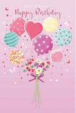 This birthday image suggests a light, airy celebration rising above the rooftops of St Paul's Cray, carried by balloons and flowers. The backdrop is a soft, cotton-candy pink, smooth and even, setting a dreamy stage. From the lower centre, a delicate bouquet of birthday blooms emerges, gathered tightly as if hand-tied by a careful florist. Roses and anemone-like blossoms cluster together in shades of creamy ivory, blush pink, and muted mauve, their petals layered and feathery, with shadows that suggest real depth and texture. A violet satin bow embraces the stems, its sheen catching the light with a gentle shimmer, hinting at thoughtful gift-giving. Above this bouquet, a lively cluster of balloons floats, each one round and glossy, coloured in pastel tones of sea green, rose, lemon yellow, lilac, and soft white. Some balloons are graced with candy-like stripes that twist and turn, others with cheery polka dots, and one heart-shaped balloon sits proudly near the centre, radiating affection and warmth. Fine strings or stems give the impression that the flowers and balloons are bound together, rising as a single joyful offering. Scattered around are tiny star shapes and fluttering butterflies, adding a touch of fairy-tale wonder, like a quiet magical moment found while walking through St Paul's Cray on a clear spring day. The overall mood is light, sweet, and festive, perfectly capturing the spirit of a birthday meant to feel special and unforgettable without ever feeling loud or overwhelming.